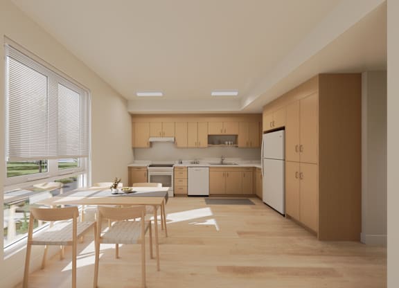 A kitchen with wooden floors and furniture.