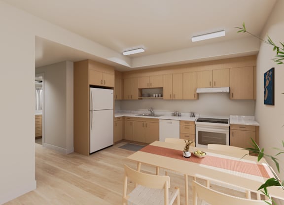 A kitchen with wooden cabinets and a white fridge.