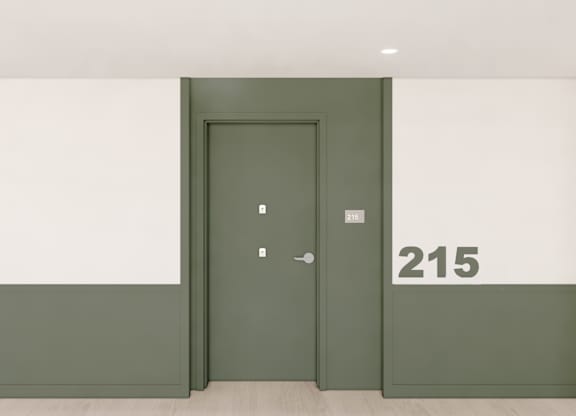 A green door with a number 215 on the wall.