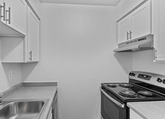 A kitchen with a stove, sink, and cabinets.
