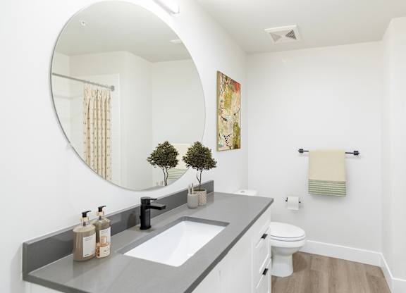 A bathroom with a round mirror, sink, toilet, and a potted plant.