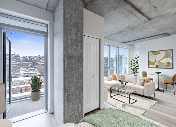 A modern living room with a view of the city.