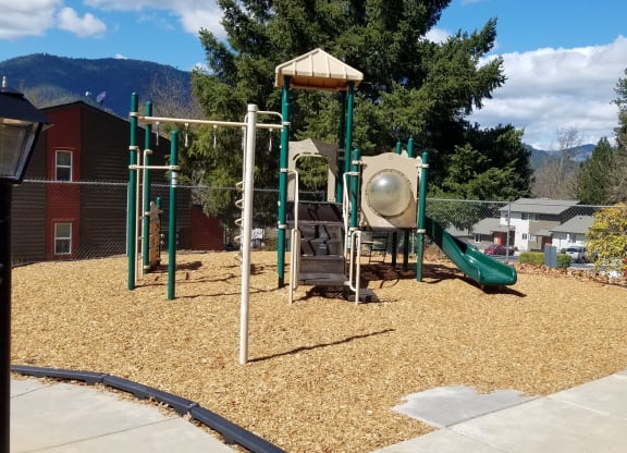 a playground with a jungle gym and a slide
