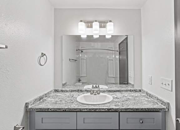 a bathroom with a sink and a mirror