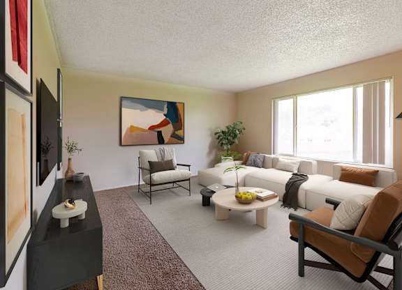A living room with a brown rug and a painting on the wall.