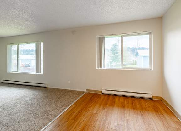 A room with a window and a carpeted floor.
