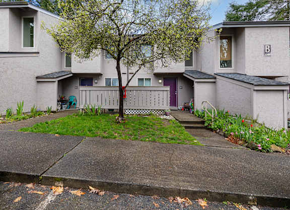 A tree in front of a building with a purple door.