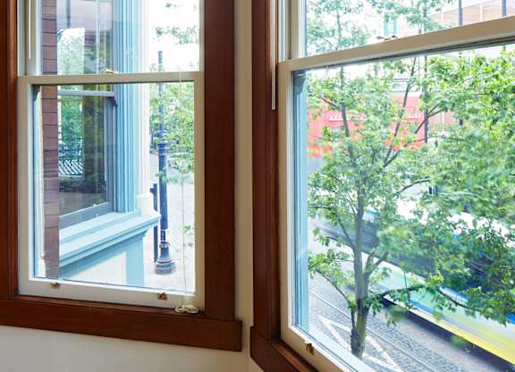 Two windows with a view of a street and trees.