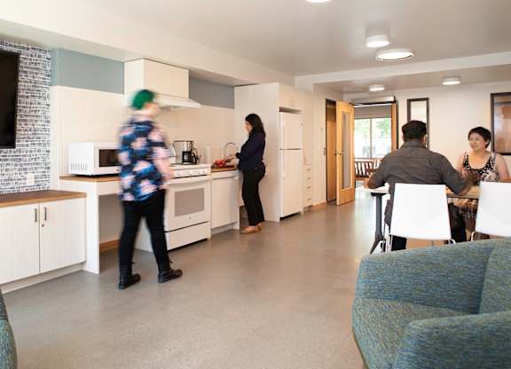 A woman in a blue dress is walking through a modern kitchen.