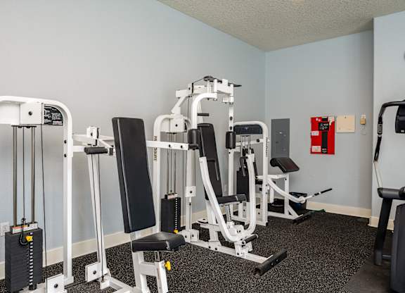 A gym with a variety of equipment including a leg press machine, a chest press machine, a leg curl machine, a leg extension machine, a seated calf raise machine, a seated leg raise machine, a seated leg curl