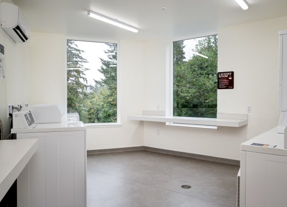 a kitchen with a sink and two windows