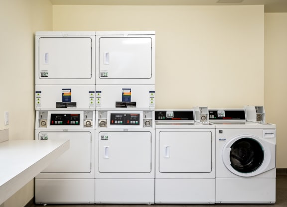 a row of washers and dryers in a laundry room