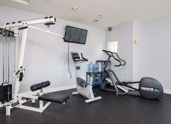 A home gym with a variety of equipment including a weight bench, a treadmill, and a television.
