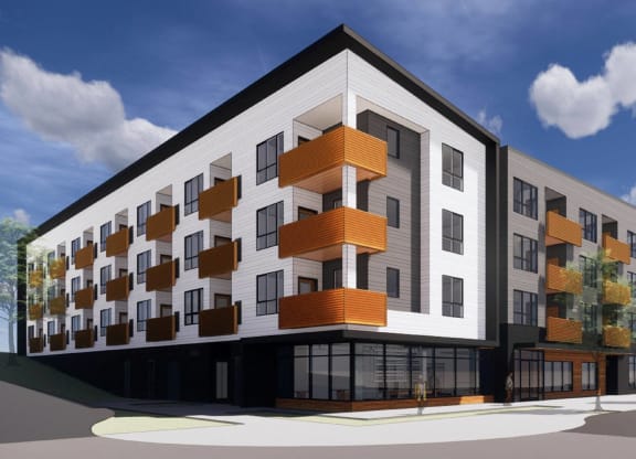 a rendering of an apartment building with orange balconies