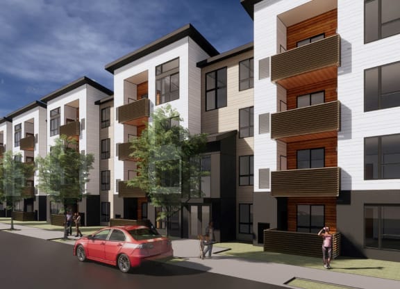 a rendering of a red car parked in front of a building