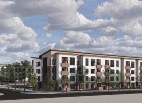 a rendering of an apartment building on a city street