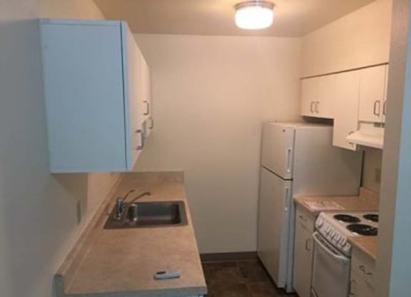 a kitchen with a sink and a stove and a refrigerator