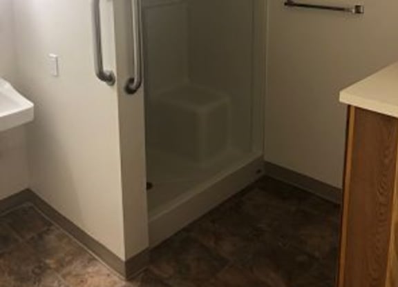 a small bathroom with a shower and a sink
