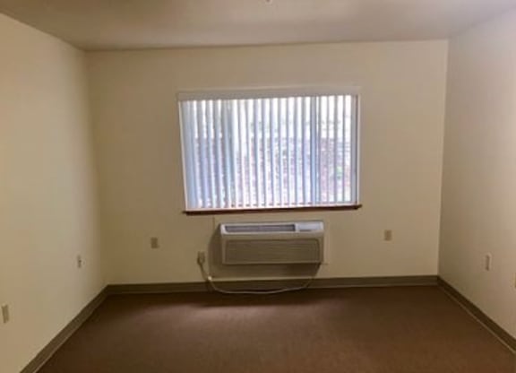 an empty room with a window and a rug