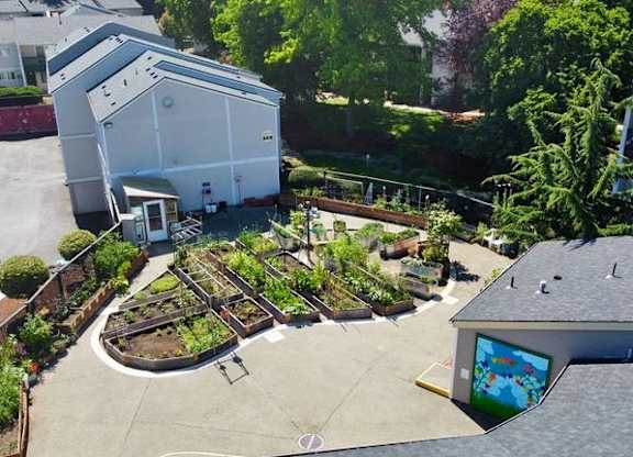 A backyard with a vegetable garden and a basketball court.
