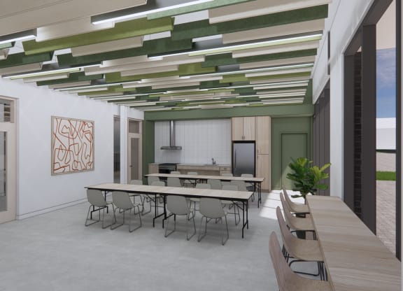 a rendering of a dining room with tables and chairs