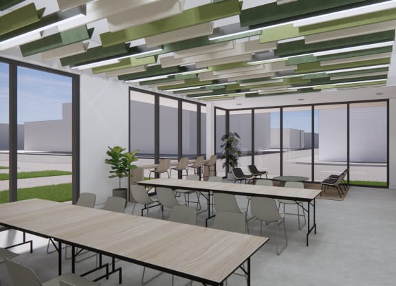 a rendering of a conference room with tables and chairs