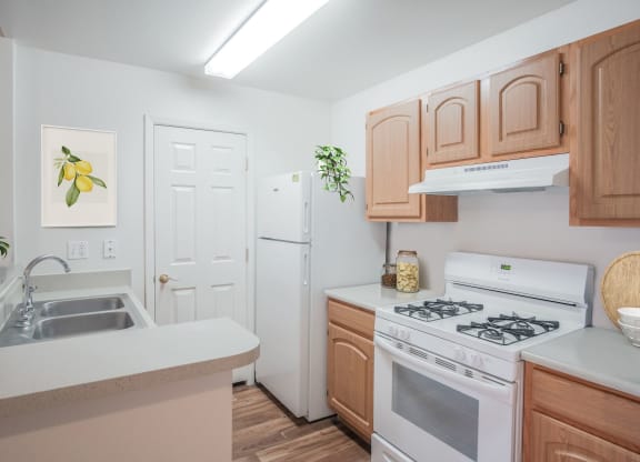 a kitchen with white appliances and wooden cabinets and a white refrigerator