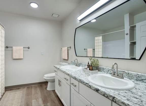 A bathroom with a marble countertop and a large mirror.