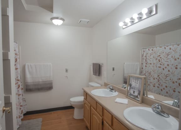 a bathroom with two sinks and a shower and a toilet