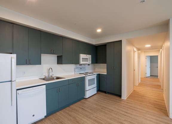 a kitchen with blue cabinets and white appliances and a wooden floor