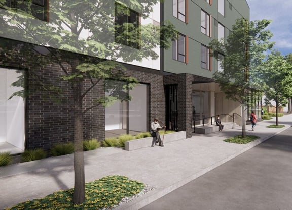 a rendering of a building with people walking on a sidewalk