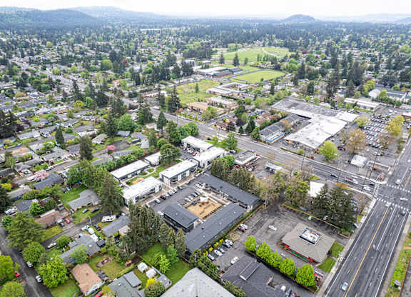 A bird's eye view of a city with a large building in the center.