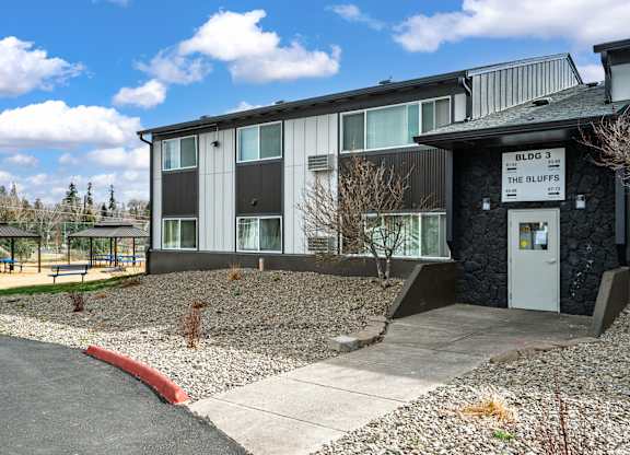 A building with a sign that says "BLVDG 3 THE BLUFFS" is shown.