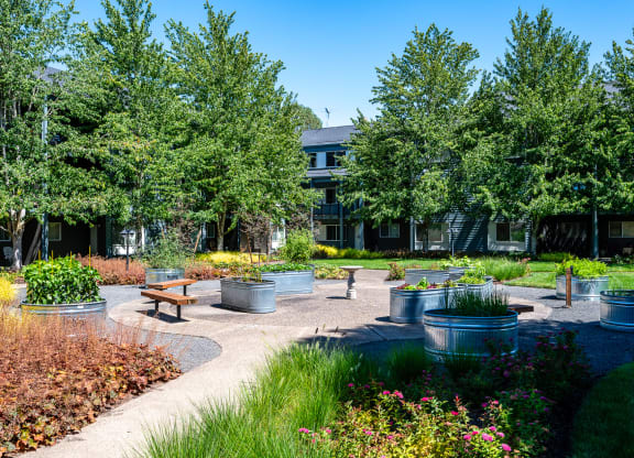 a courtyard with benches and trees in front of a building