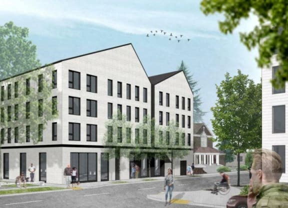a rendering of a white building with people walking in front of it