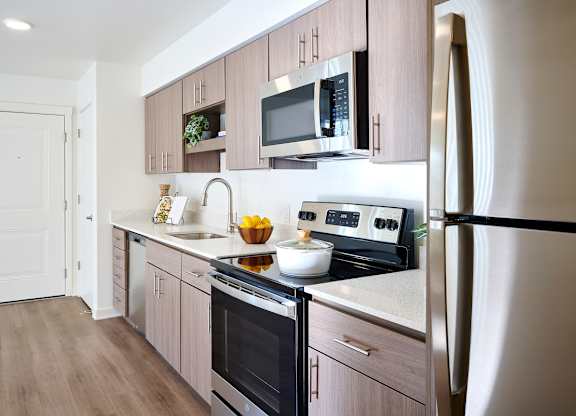 A kitchen with a black refrigerator and a black oven.