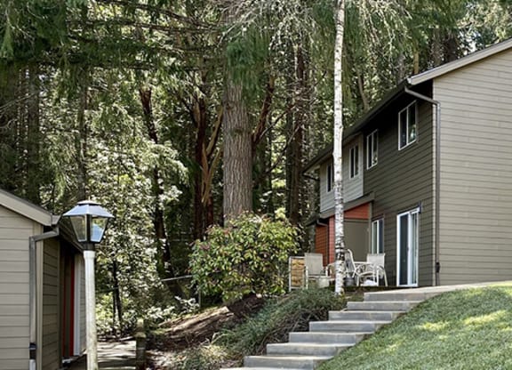 a house with stairs in front of a tree
