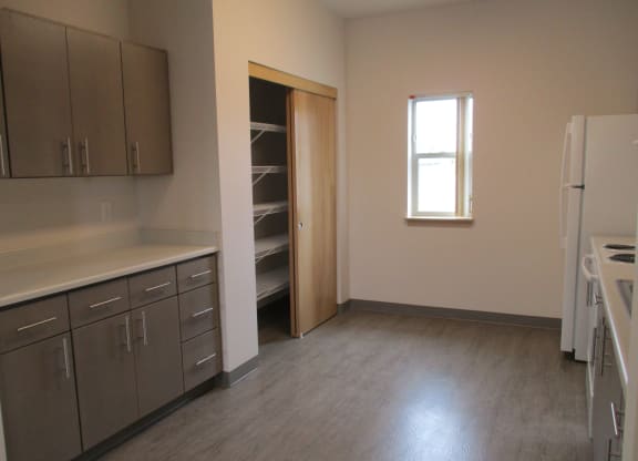 a kitchen with stainless steel cabinets and a window