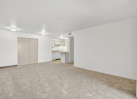 A large empty room with a carpeted floor and white walls.