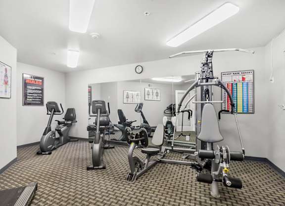 A gym with a variety of exercise equipment.