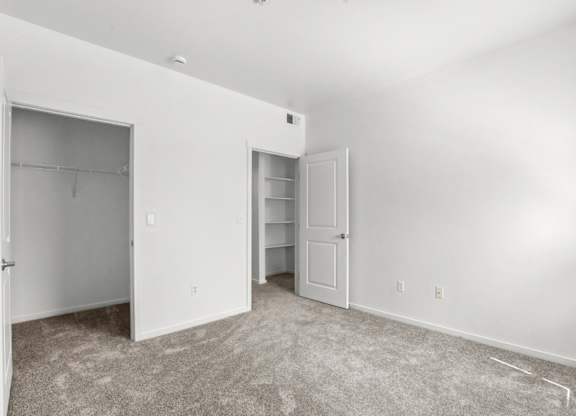 A room with two open doors and carpeted flooring.