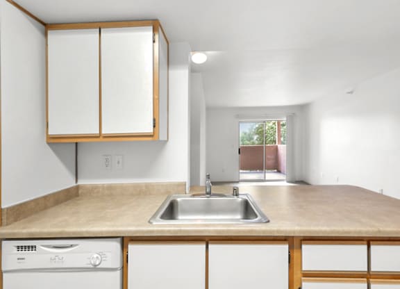 A kitchen with a sink, dishwasher and cabinets.