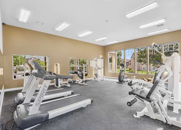 A gym with treadmills and exercise equipment.