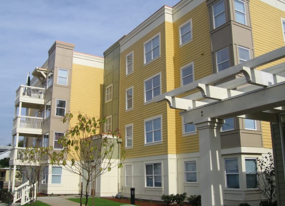 a row of yellow and white apartment buildings on a sunny day
