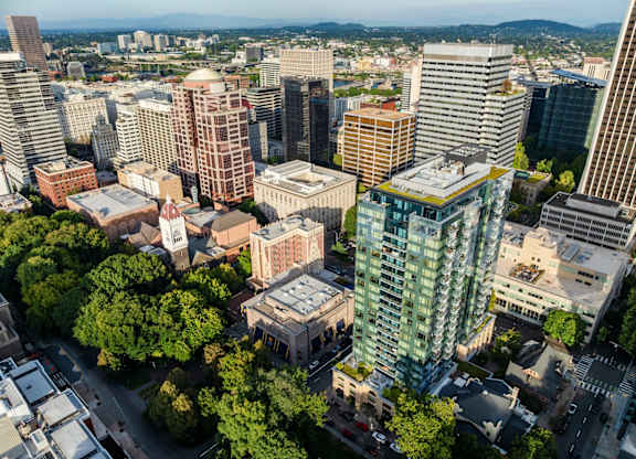 A cityscape with a mix of modern and older buildings, surrounded by greenery.