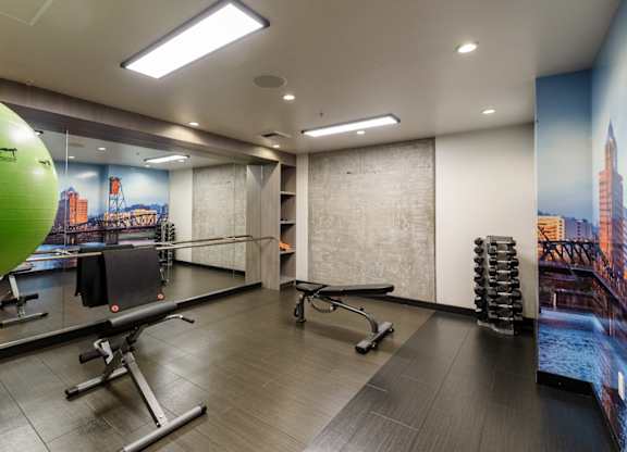 A gym with a green ball and a row of exercise chairs.