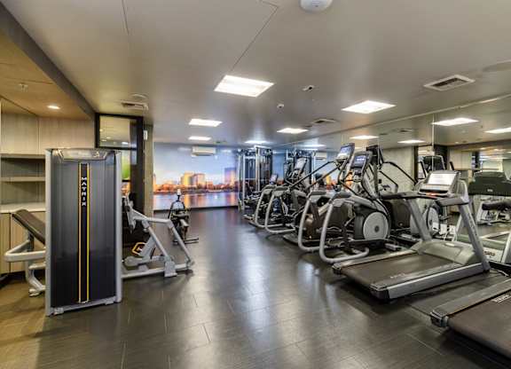 A gym with treadmills, weights, and exercise machines.