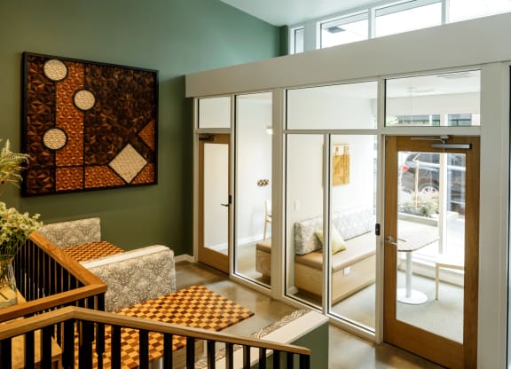individual meeting spaces in lobby at Slabtown Square Apartments, Portland , OR
