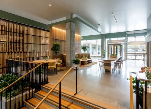 the lobby with tables and chairs at Slabtown Square Apartments, Portland ,Oregon, 97209