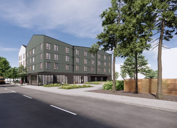 a rendering of an apartment building on a city street